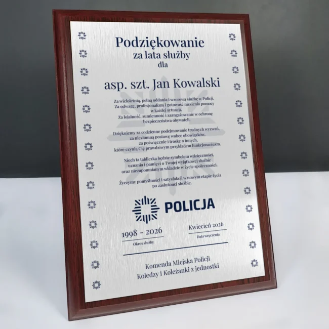Tabliczka podziekowanie za lata sluzby Prezent dla policjanta